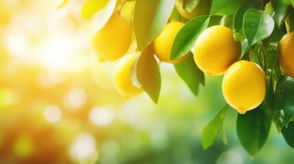 Vibrant ripe lemon citrus fruits on a branch and sunny green leaves. Outdoor nature background. - obrazy, fototapety, plakaty