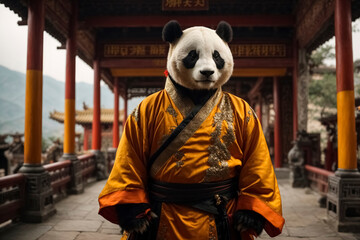 Panda bear in kung fu outfit stands in a shaolin monastery