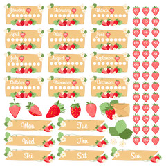 Elements for daily, weekly or monthly planner design. Strawberry decoration of inscriptions of the names of months, days of the week and numbers for your notebook, diary or any other idea.