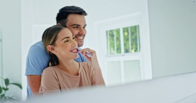 Man, woman and hug for brushing teeth, mirror and bathroom in home, love and dental wellness for hygiene. Happy couple, toothbrush and embrace with clean mouth, results and healthy smile in morning