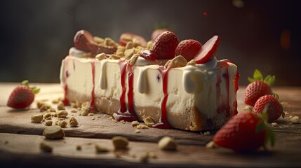 Delicious sweetness, berry birthday cake with juicy fresh strawberries