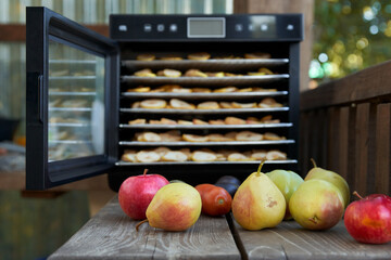 Preparation of fruit chips. Electric dehydrator with open door. Inside, shelves with fruit slices. Pears and apples in the foreground.