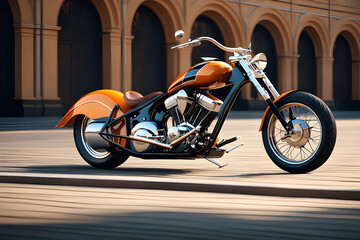 orange color classic vintage motorcycle on the street, Genertive ai