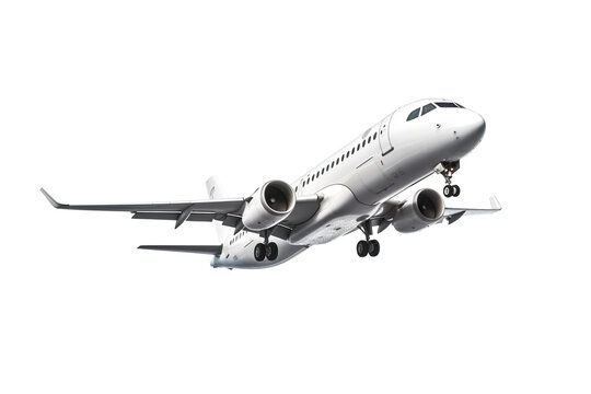 Flying up passenger airplane. A white jet plane flying. Isolated on Transparent background.