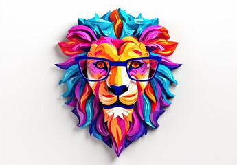 Close-up of a colorful muzzle of a lion with glasses on a white background. Painted figurine of leo made of ceramics, plasticine, plastic, other material. Can be printed on t-shirt and other products.