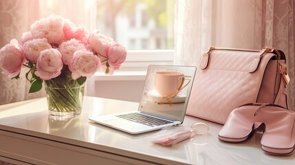  a vase of pink flowers next to a laptop and a pink purse.  generative ai