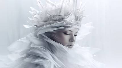 A beautiful girl in a white headdress decorated with many crystal spikes. Close-up portrait of fairy tale woman character. Crystal crown. Illustration perfect for fashion and beauty campaigns.