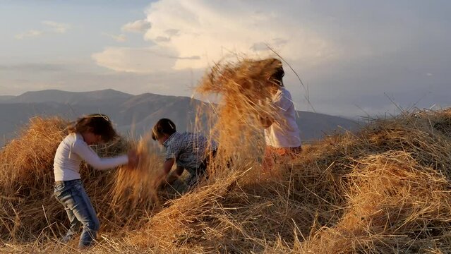 Three happy children are playing in the field, throwing straw at each other, taking it from the heap with their hands. Cheerful playful teenagers playing in a rural field in the mountains at sunset