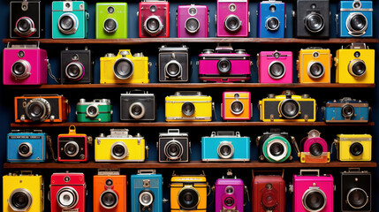 Eye-Catching Array of Multicolored Vintage Cameras on a Shelf. Generative AI