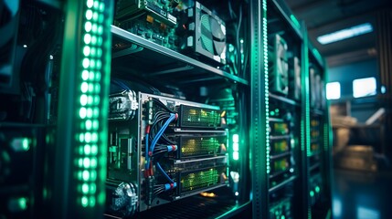 Photograph illustrating the storage of bitcoin data on a computer in a server room