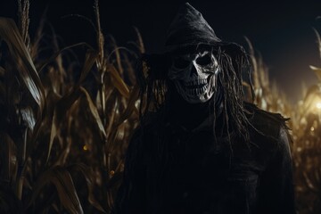 Halloween. Horrific scene of a corn field with a scary scarecrow. 