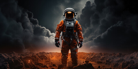 Naklejka premium Astronaut walking on the surface of Mars. Generative AI