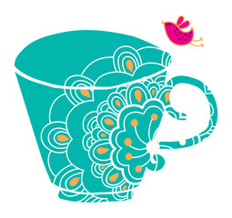 Whimsical doodle tea cup with brightly colored birds and retro filters