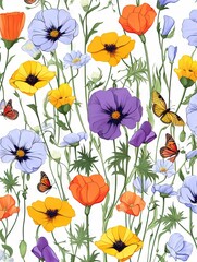Fototapeta premium Fleurs, feuilles, plantes et papillons volants multicolores abstraits sans couture. Vecteurs de motif isolés sur fond blanc, illustration panoramique prairie d'été. IA générative, générative, IA.