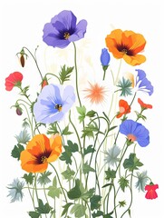 Fototapeta premium Fleurs, feuilles, plantes et papillons volants multicolores abstraits sans couture. Vecteurs de motif isolés sur fond blanc, illustration panoramique prairie d'été. IA générative, générative, IA.