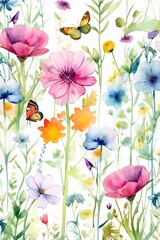 Naklejka premium Fleurs, feuilles, plantes et papillons volants multicolores abstraits sans couture. Vecteurs de motif isolés sur fond blanc, illustration panoramique prairie d'été. IA générative, générative, IA.