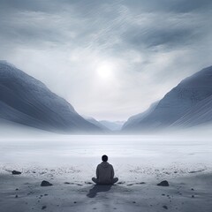 Meditating man against the backdrop of mountains in gray - obrazy, fototapety, plakaty