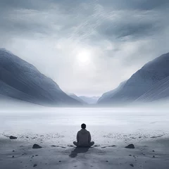 Foto op Plexiglas Meditating man against the backdrop of mountains in gray © Viktoriia