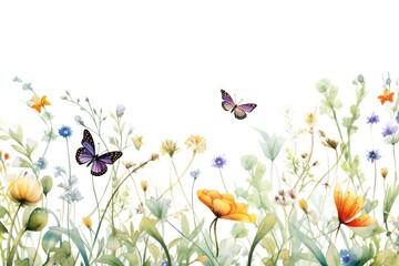 Obraz na płótnie Canvas Fleurs, feuilles, plantes et papillons volants multicolores abstraits sans couture. Vecteurs de motif isolés sur fond blanc, illustration panoramique prairie d'été. IA générative, générative, IA.