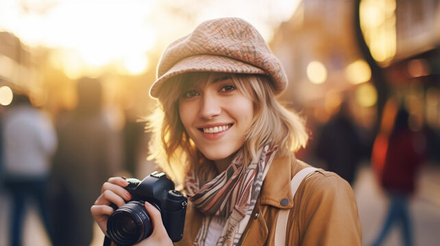 adult caucasian woman, 20s 30s, is photographer or takes photos as a hobby, wears cap, autumnal temperatures in autumn in a city on pedestrian street 