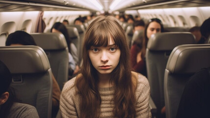 young adult woman is mentally ill standing in the middle of the aisle in the airplane while all other flight passengers are sitting, scared and afraid or trauma or drama