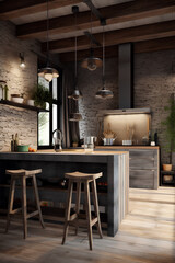Eco style kitchen interior in modern house.