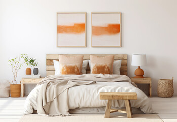 Modern bedroom interior in neutral tones. Wooden double bed with pillows. Cozy furniture and abstract orange wall art set of 2 prints on a white wall.