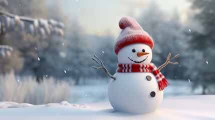 Fototapeta premium A cute snowman with a festive red