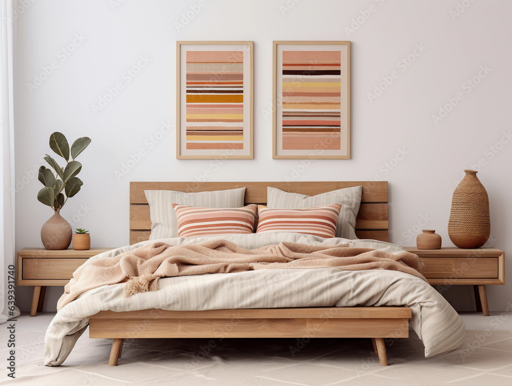 Wall mural Modern bedroom interior in neutral beige tones. Wooden double bed with pillows, cozy furniture. Abstract terracotta wall art set of 2 prints on a white wall.