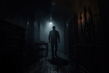 Horrific scene of a dark corridor with a scary silhoutte. Halloween horror. 