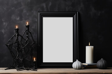 An empty vertical frame for mockup stands on the table near the candles. Black wall background. Halloween decor.