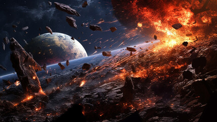 in an earth orbit, an asteroid and rocks and asteroids collide with something, explosion and fire and flames, space travel and space, satellites and space travel, fictional futuristic science fiction © wetzkaz