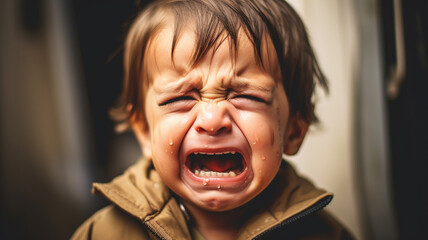 a little boy, toddler, howls and cries bitterly, many tears roll down his face, screaming, crying, wearing a jacket, fictitious place, loneliness or fear 