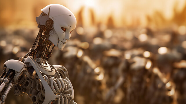 humanoid android robot with artificial intelligence, evil or killer and killing machine, destruction and war or extinction of humanity