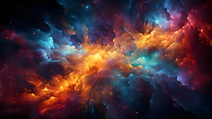 Swirling, colorful cloud of gas and dust. The cloud is primarily orange and red, with blue and purple colors mixed in. The background is black, adding contrast to the cloud. The colors are bright, alm
