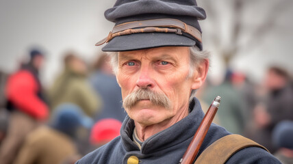 Obraz premium abstract, american civil war battlefield, young adult man with serious expression on face, sadness anger and hate, fear and despair, in war as a soldier, fictional location