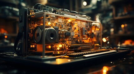 An abstract concept of a quantum computer with a transparent case
