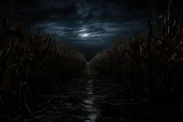 Foto auf Acrylglas cinematic scene of a spooky cornfield by night.  © CreativeCreations