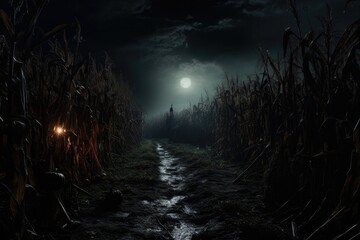 cinematic scene of a spooky cornfield by night. 