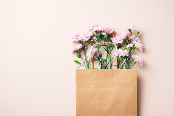Pink carnation flowers in paper bag.