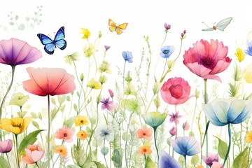 Fleurs, feuilles, plantes et papillons volants multicolores abstraits sans couture. Vecteurs de motif isolés sur fond blanc, illustration panoramique prairie d'été. IA générative, générative, IA. - obrazy, fototapety, plakaty