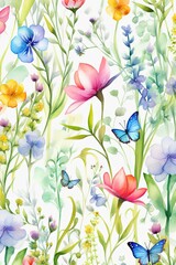 Obraz premium Fleurs, feuilles, plantes et papillons volants multicolores abstraits sans couture. Vecteurs de motif isolés sur fond blanc, illustration panoramique prairie d'été. IA générative, générative, IA.