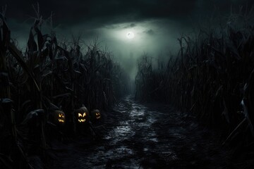 spooky scene of a empty corn field by night. Halloween background. 