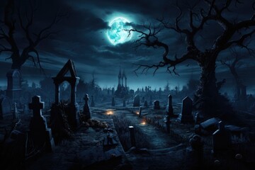 spooky graveyard by night. fullmoon. halloween image. 
