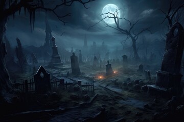 spooky graveyard by night. fullmoon. halloween image.  - obrazy, fototapety, plakaty