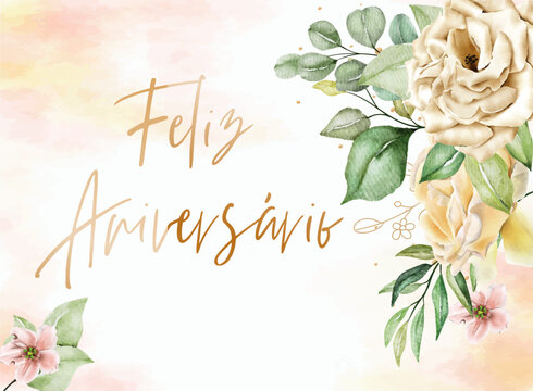 cartão ou banner para desejar feliz aniversário em ouro sobre um fundo gradiente que varia de branco a bege e em torno de flores bege e rosa