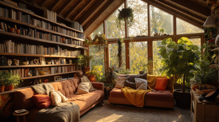 Cozy living room with large bookshelves full of old books and green houseplants. Concept of quiet relaxed moments with plants and books. Generative AI.