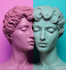 Emotional composition of two female antique statues kissing. Concept of PRIDE, same-sex love and tolerance. Generative AI.