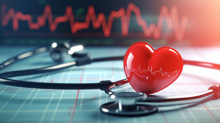 Stethoscope and red heart on table. Cardiology concept
