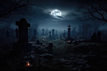 In the eerie graveyard, shadows dance among tombstones, whispering chilling tales of restless...